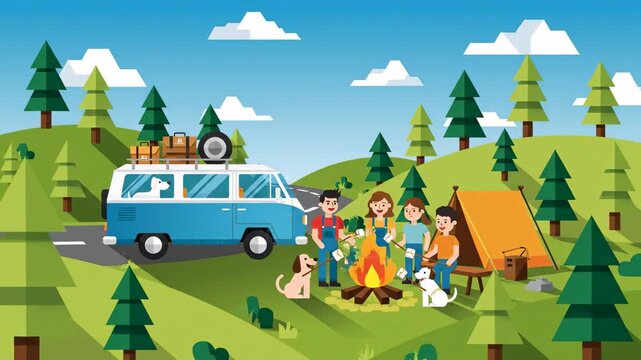 Animated family camping trip with campfire van and tent in cartoon style flat design suitable for childrens content