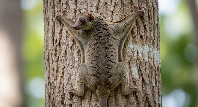 Close-up of a Small Tree-Dwelling Animal Clinging to Bark in Forest