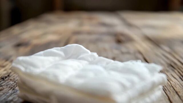 Clean white absorbent newborn diaper sitting on an old textured wooden table with soft focus background