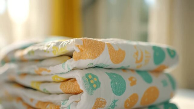 Close-up of clean, folded baby diapers stacked on a changing table in a brightly lit nursery