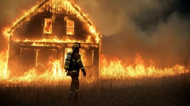 Heroic firefighter in full gear walking towards a burning residential building at night
