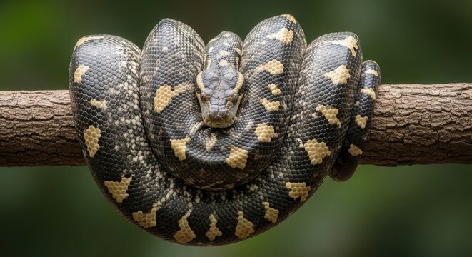 Close-Up of a Stealthy Python Coiled on a Tree Branch in Natural Habitat