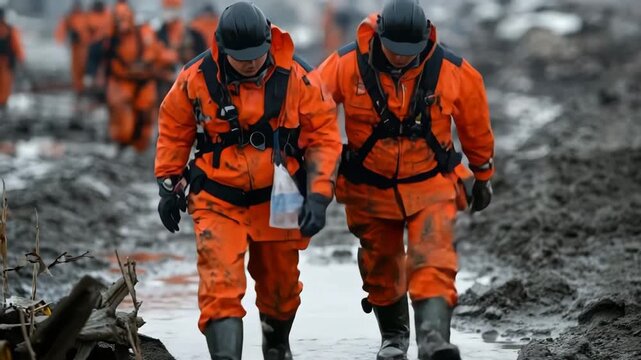 Emergency workers in orange uniforms walking through a muddy, debris-filled disaster zone