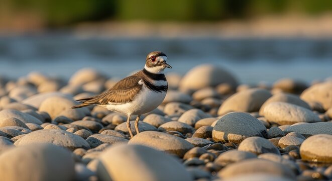 Close-up of a Baby Killdeer Bird on Rocky Shoreline at Sunset