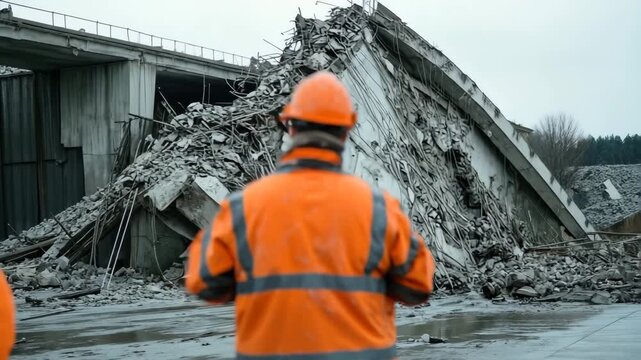 Two demolition workers in safety gear walking towards the ruins of a collapsed concrete structure
