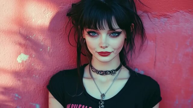 Portrait of a mysterious young gothic woman with dramatic makeup posing against a red wall