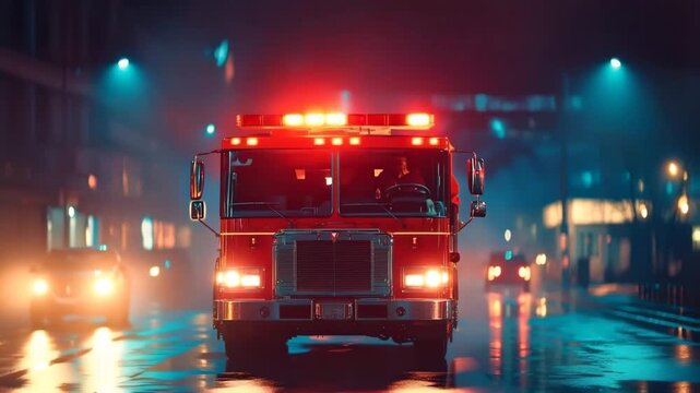 Fire engine with flashing lights and sirens rushing through a wet city street at night