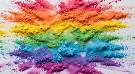 A vibrant rainbow of colorful powder explodes on a white background