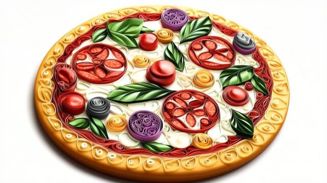 Delicious pizza margherita spinning in a loop, created with colorful paper quilling technique