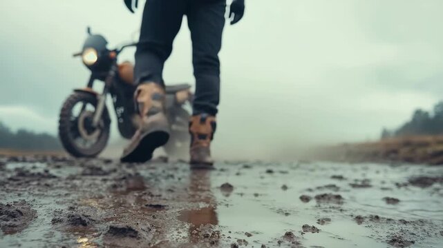 Close-up of a biker's legs in muddy boots walking on a wet dirt road towards a motorcycle
