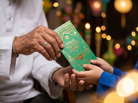 Close up of Muslim elder giving Duit Raya green packet to a child during Hari Raya Aidilfitri celebration