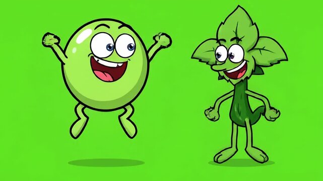 Animated green characters cheerful presentation cartoon style dancing and celebrating on solid green background