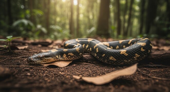 Close-up of a Vibrant Pacific Reticulated Python Slithering on Forest Floor in Natural Habitat