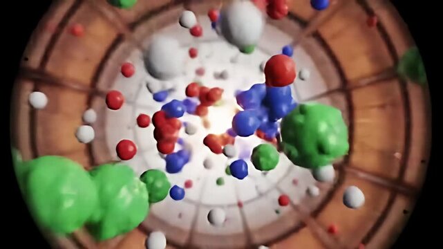 Colorful particles swirling in a cosmic explosion within a scientific laboratory setting