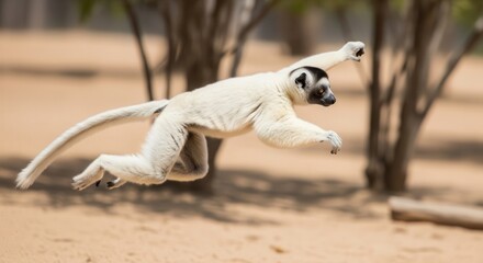 Fototapeta premium Dynamic Picture of a Leaping Lemur in Natural Habitat with Sandy Ground and Sparse Vegetation