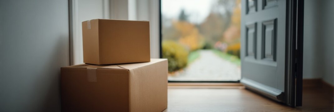 Cardboard packages at open doorway with pathway leading to autumn garden