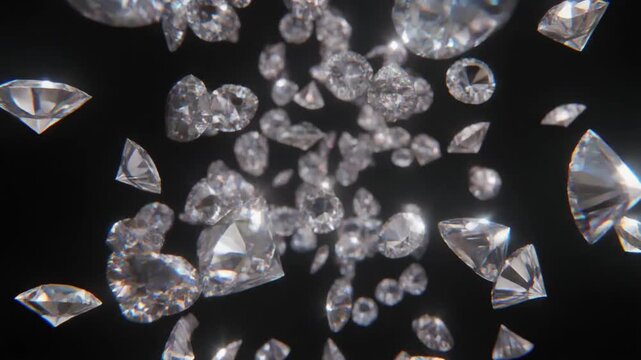 Brilliant diamonds fall gently against a dark background, sparkling with crisp reflections and smooth motion. A seamless loop ideal for luxury themes, jewelry visuals, elegant design, and high‑end 