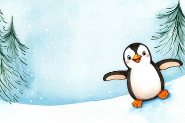 Fototapeta premium Watercolor cartoon penguin snow ice slope winter pine illustration shows bird sliding downhill amid falling snow, calm sky, copy space