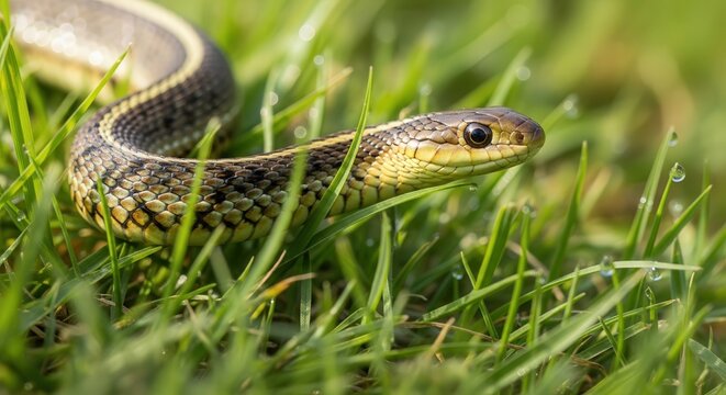 Close-up of a Slow Worm Reptile Slithering Through Green Grass in a Natural Habitat