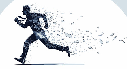 Fototapeta premium Businessman running and shattering into pieces, illustrating intense work stress and performance pressure. A visual metaphor for corporate burnout, breakdown
