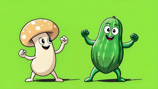 Animated mushroom and cucumber characters cheering on green background happy food icons cheerful vegetables mascot designs for kids healthy eating