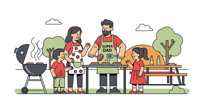 Family BBQ Party: Dad Grilling, Kids Helping, Outdoor Picnic Fun