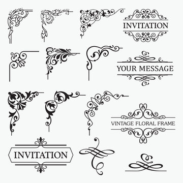 Design elements set, decorative flourish border corner and frame collection for invitation, menu and page decoration