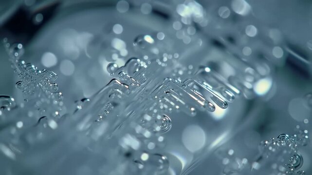 Close-up of intricate ice crystals reflecting light in a cool-toned, abstract background