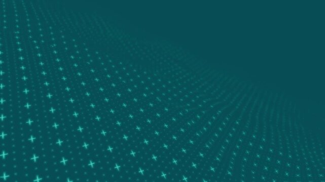Abstract digital wave of glowing cyan crosses and dots forming a fluid topographical landscape over a dark teal background representing data flow and network connectivity