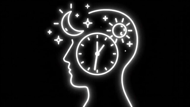 Human head profile with clock and sun icons