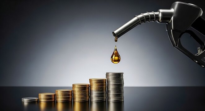 Fuel Nozzle Pouring Gold Drop Over Rising Coin Stacks and Barrels, Oil Price Increase