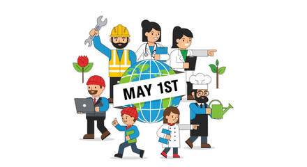 Diverse Professionals Celebrating May 1st Labor Day Around Globe Illustration