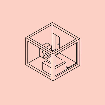 Simple line drawing of a cube with interior furniture and open door.