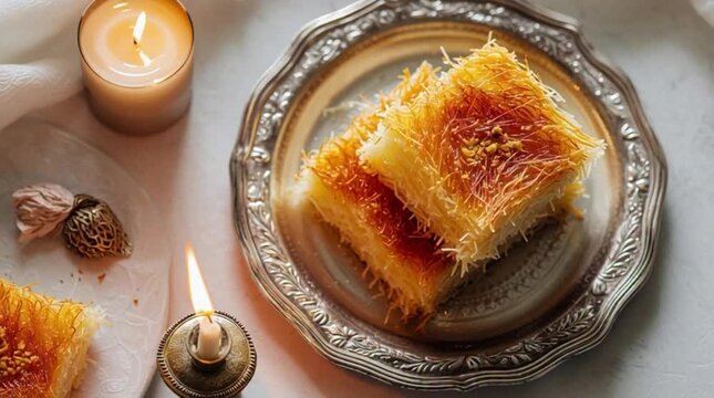 kunefe cake with honey, syrup and pistachio 