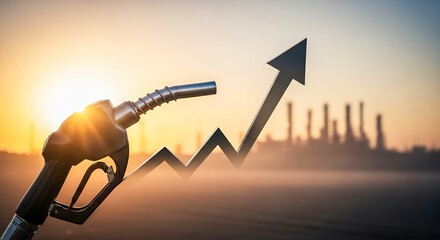 Naklejka premium Fuel Nozzle with Rising Arrow Over Oil Refinery at Sunrise, Global Price Increasing