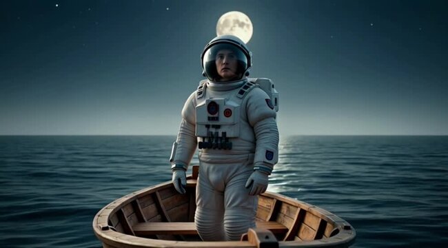 Astronaut standing in wooden boat under moonlit sky