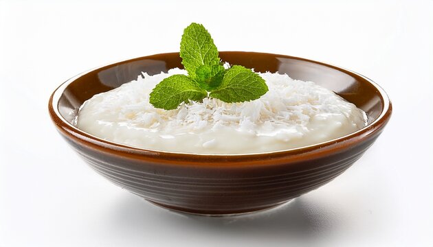 Bowl Of Creamy Tapioca Pudding With Coconut Flakes And Mint Leaves Top Isolated On Transparent White Background
