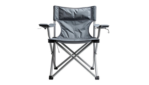 Front view of a folded, gray camping chair with aluminum legs on a black background