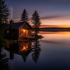 Fototapeta premium Cozy cabin by serene lake at sunset.