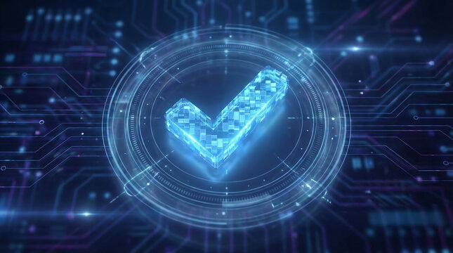3d rendered glowing digital check mark icon on a dark blue circuit board background for success verification security and task completion confirmation technology