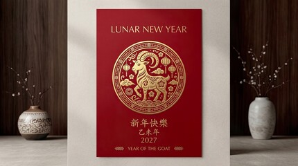 Luxury red and gold Lunar New Year poster with goat zodiac medallion, minimalist

