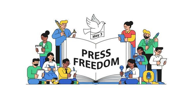 Diverse group of people celebrating Press Freedom with journalists and writers around an open book