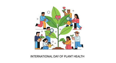 Naklejka premium People nurturing a plant together on International Day of Plant Health from various viewpoints