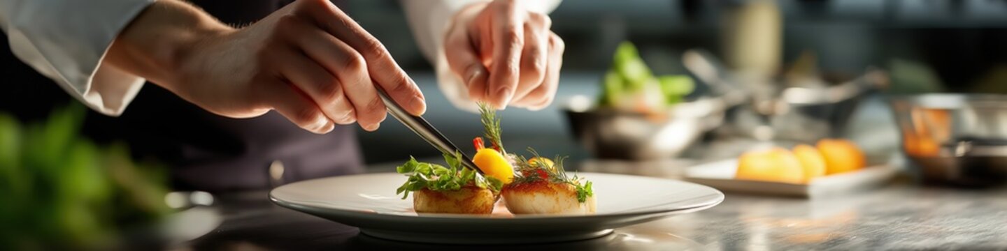 Chef hands plating gourmet dish in restaurant kitchen