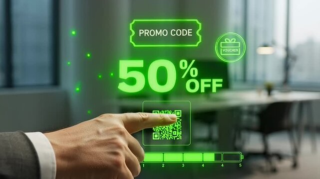 Hand interacting with holographic "Promo Code" interface, signifying digital marketing strategy, discounts, and online shopping deals in a modern office setting.