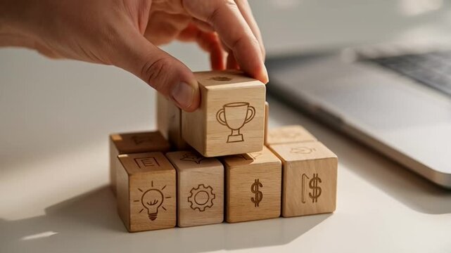 Hand stacking wooden blocks with icons representing success, innovation, and growth for business and achievement concepts