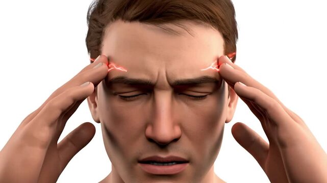 Man experiencing severe headache with fingers pressed against temples in a distressed state