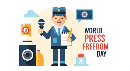 A cartoon journalist holding a microphone stands proudly with World Press Freedom Day symbols surrounding him © Avra