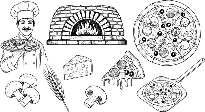 Hand Drawn Pizza Ingredients Chef Oven and Pizza Slice Italian Food Vector Illustration Set