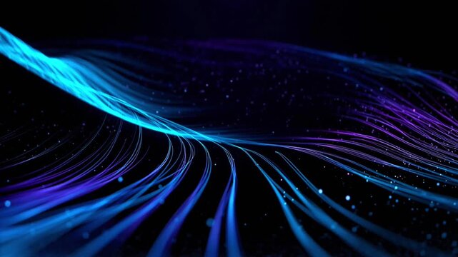 Abstract flowing lines in blue and purple hues create a dynamic visual effect against a dark background, showcasing a continuous wave-like motion and depth perception